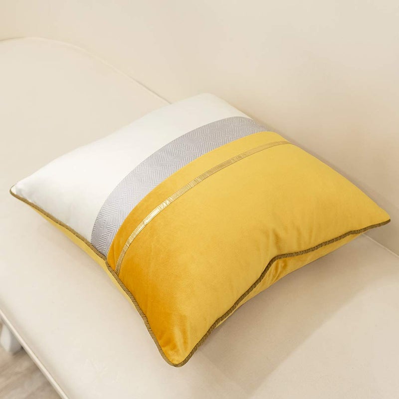 Avigers 20 x 20 Inches Yellow White Gold Leather Striped Patchwork Velvet Cushion Case Luxury Modern Throw Pillow Cover Decorative Pillow for Couch Living Room Bedroom Car - Image 3